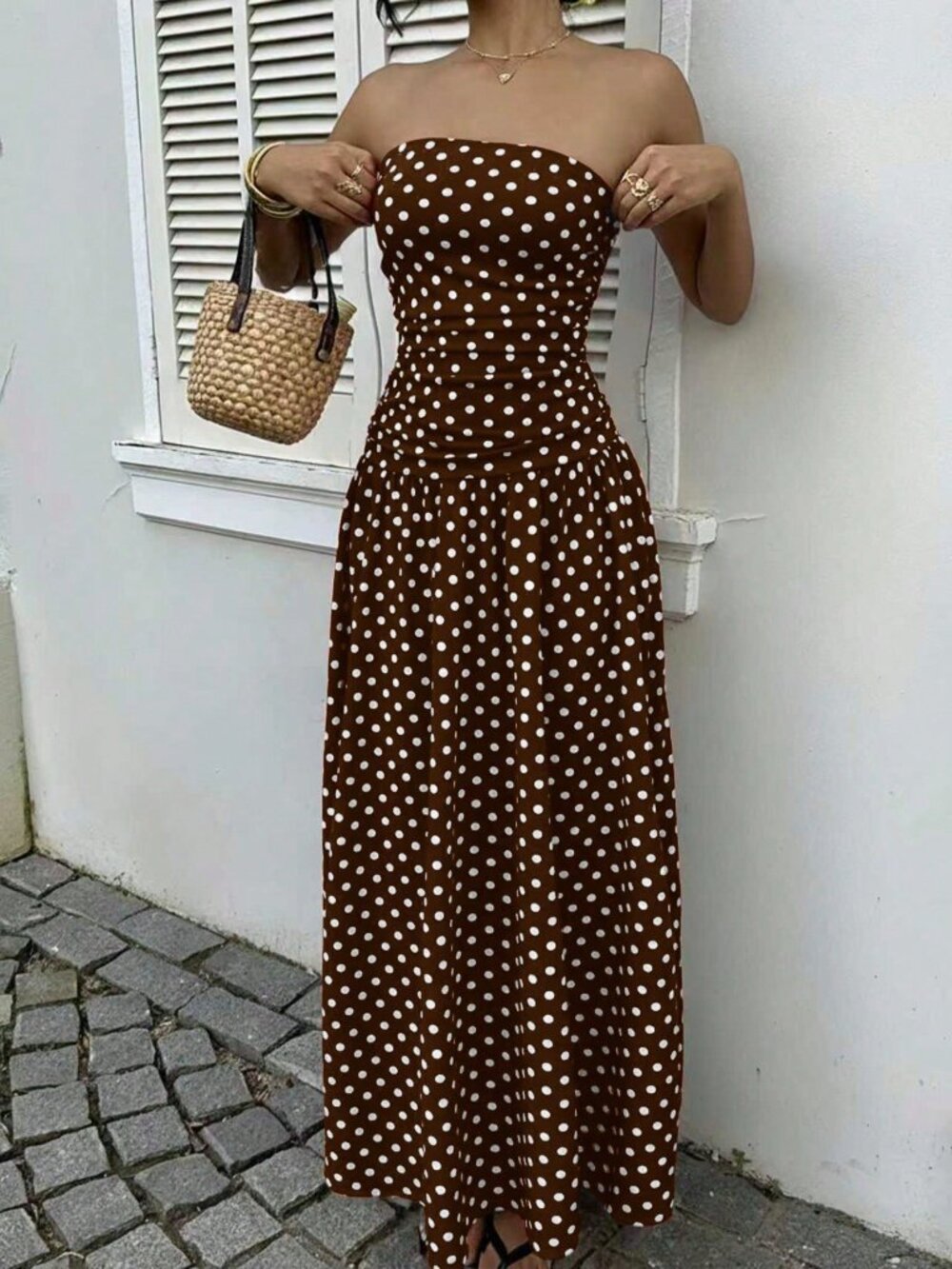 Brown Casual Women's Polka Dot Waist Cinched Bandeau Maxi Sundress - Picture 3 of 6
